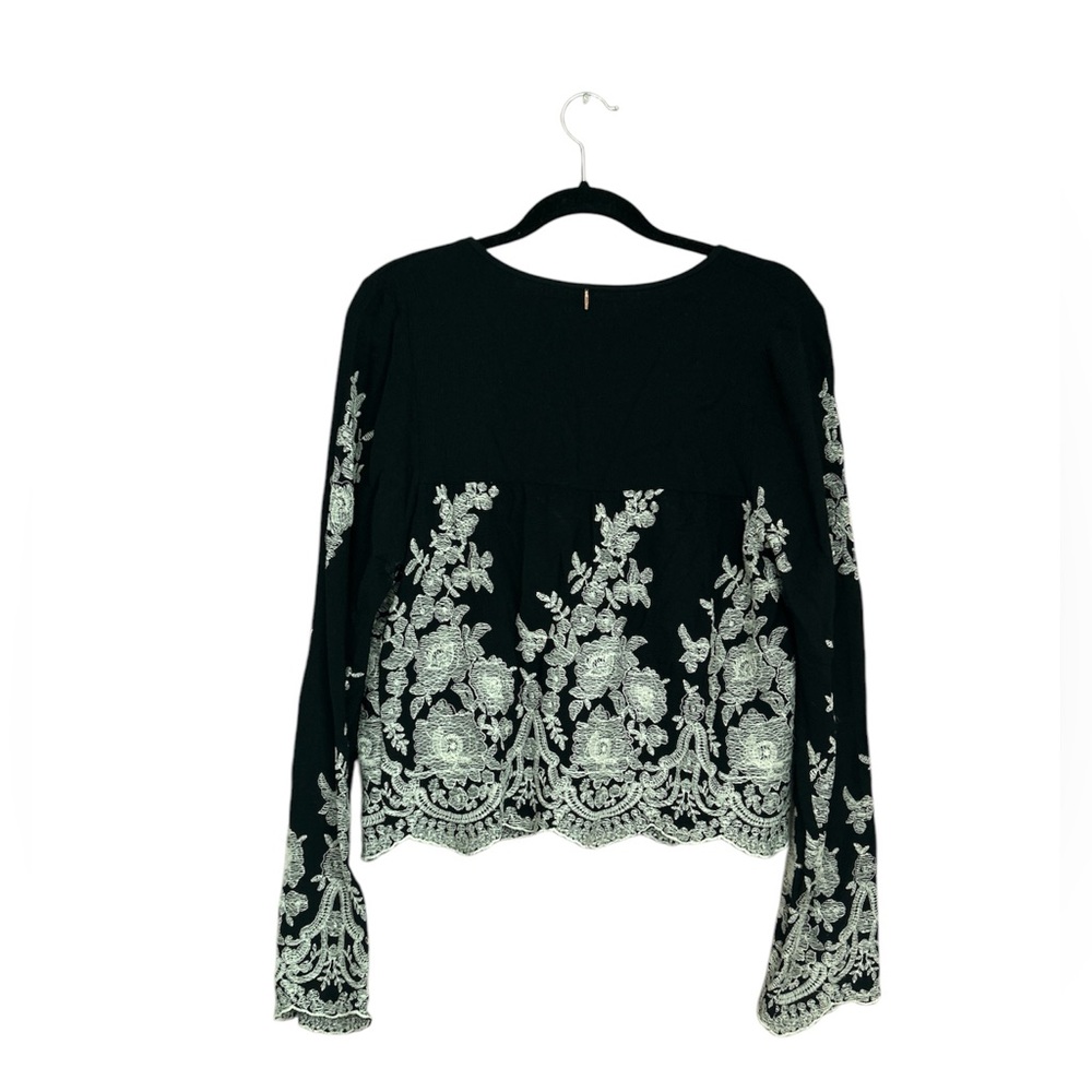 MISA Black Long Sleeve Boho Embroidery Top Scallops Hem Tassels Size Small - Picture 2 of 10